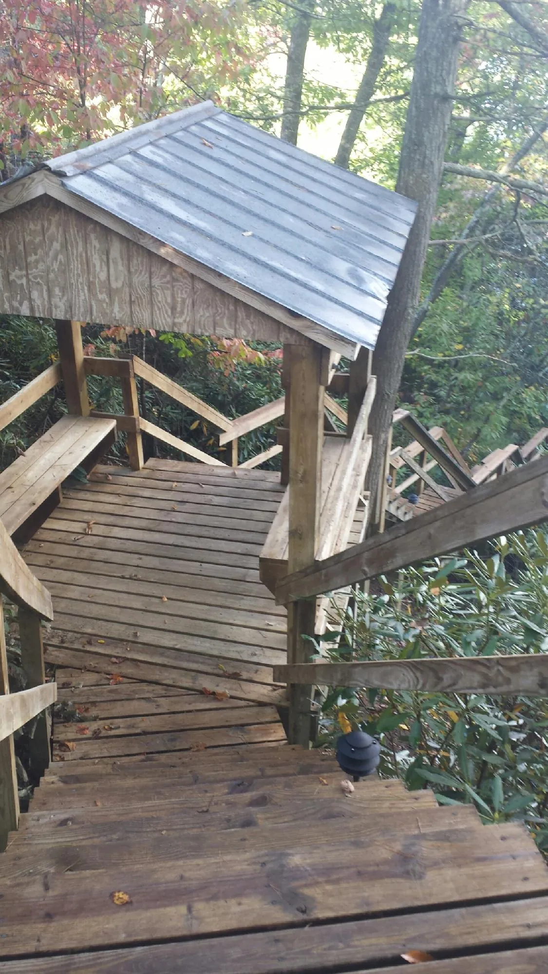 Metal roofed shelter over wooden steps on a wooded walkway — Skylight Repair & Installation work by our crew in Colliersville